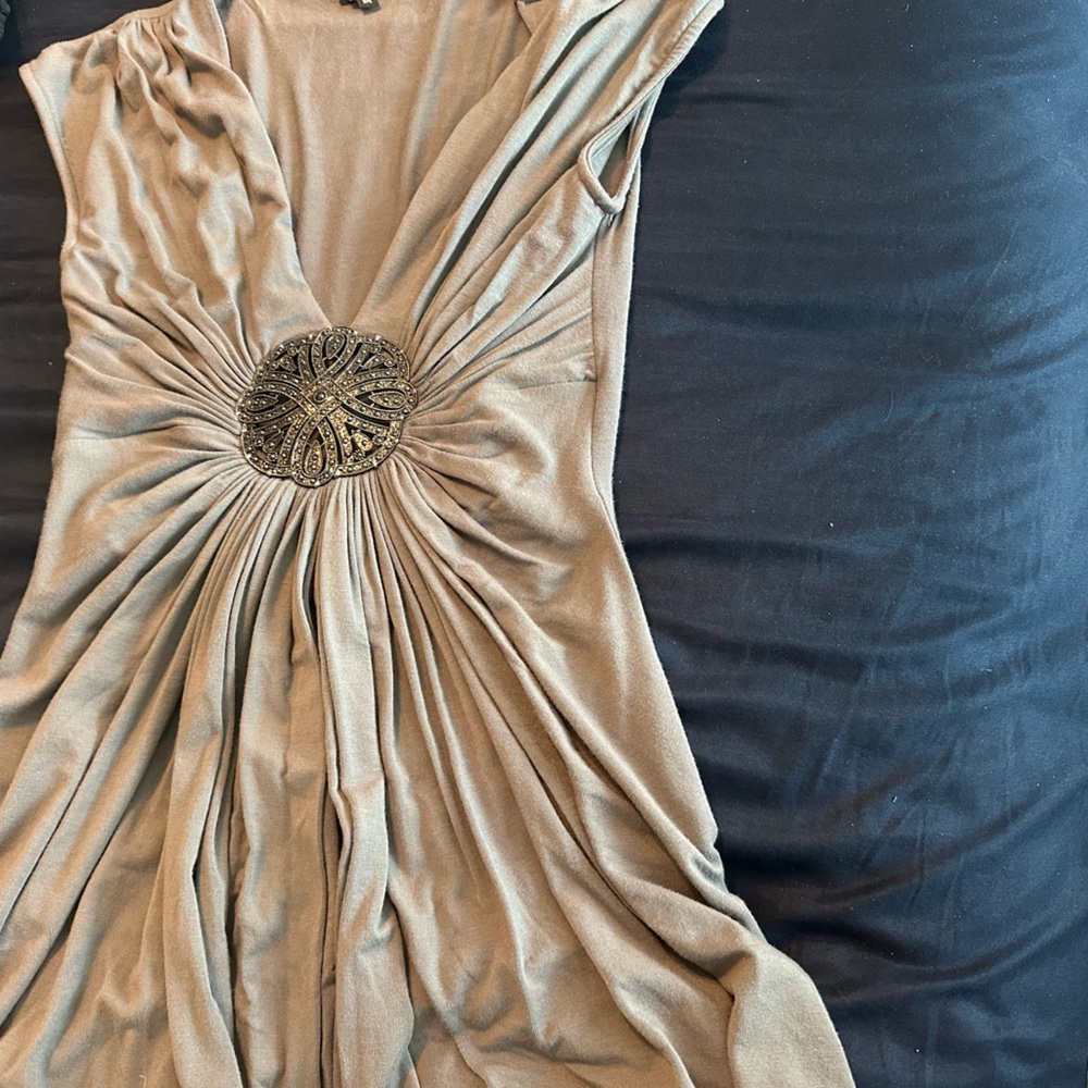 Sky Gray Blouse with Metal Rhinestone Embellishment